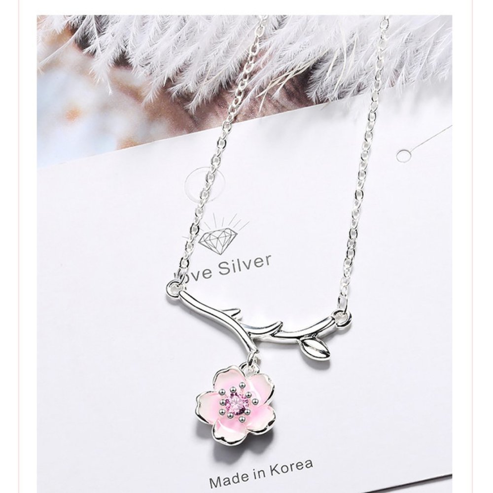 #NEW 925 Sterling Silver Pink White Diamond Cherry Blossom Leaf Branch Necklace - Picture 10 of 11
